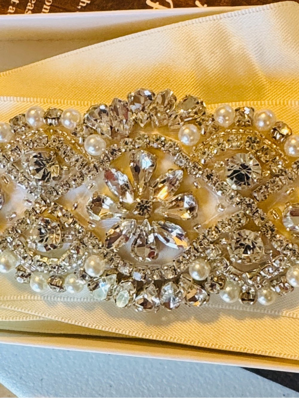 SOAR DREAM Embellished Satin Bridal Belt in Ivory with Crystal Pearl Applique